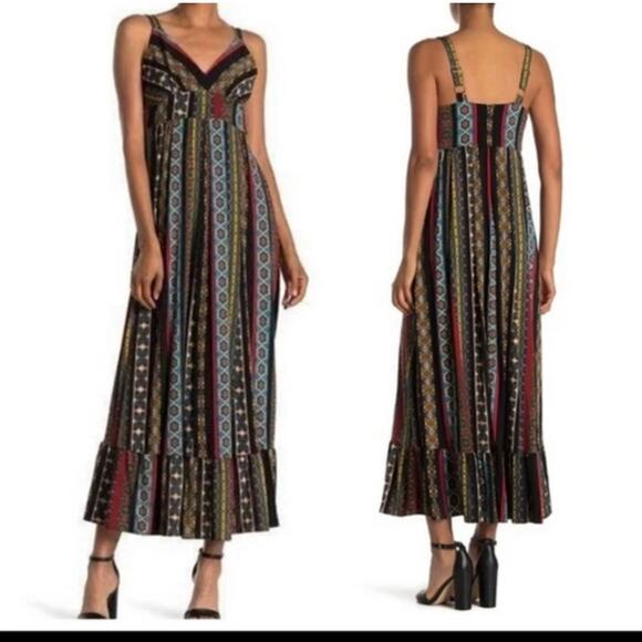 TAHARI BOHO CHIC FLOUNCE HEM MAXI DRESS DEEP ROUNDED V-NECK EMPIRE WAIST SP - Picture 10 of 11